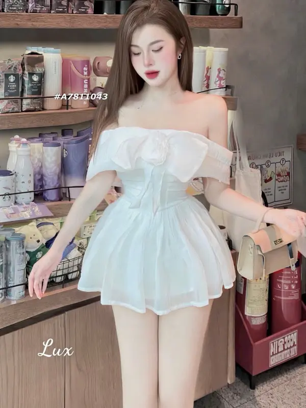 Đầm bẹt vai quay nơ bông lớn chất tơ dáng ngắn (có mút ngực và kèm quần đùi) cực xinh sang chảnh 2