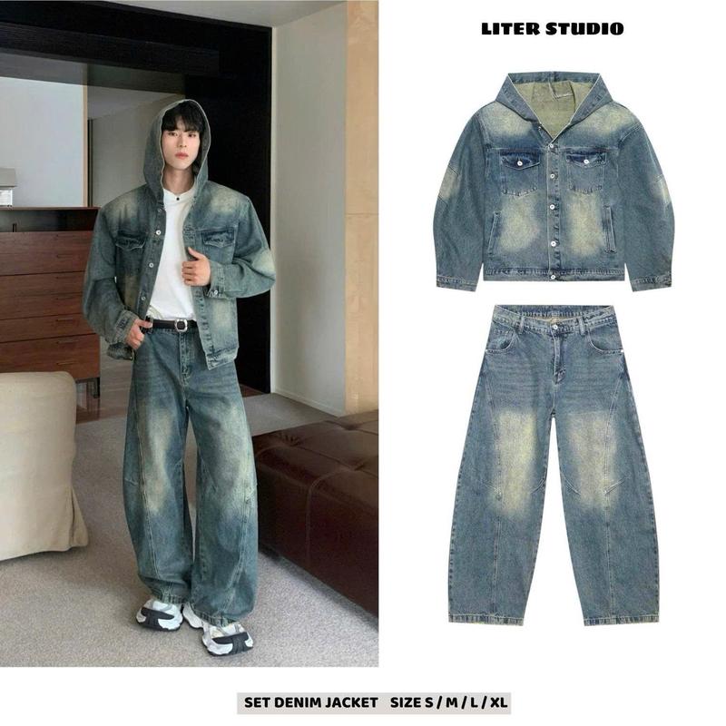 LITER STUDIO Set Denim Jacket Wash Form Boxy Unisex .Áo Khoác Denim Có Nón, Quần Baggy Ống Rộng. 0