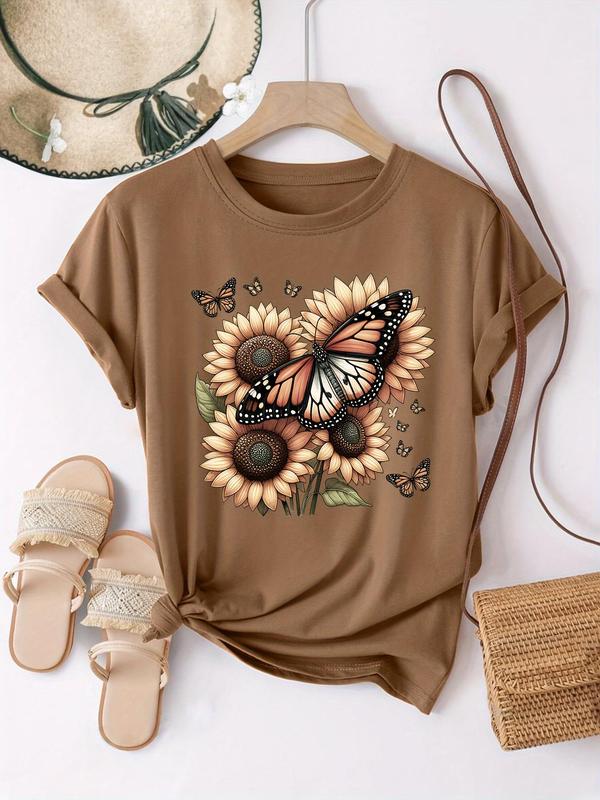 Plus Size Butterfly & Sunflower Print Round Neck Graphic Tee, Trendy Casual Short Sleeve T-shirt for Daily Wear, Ladies Summer Outfit 4