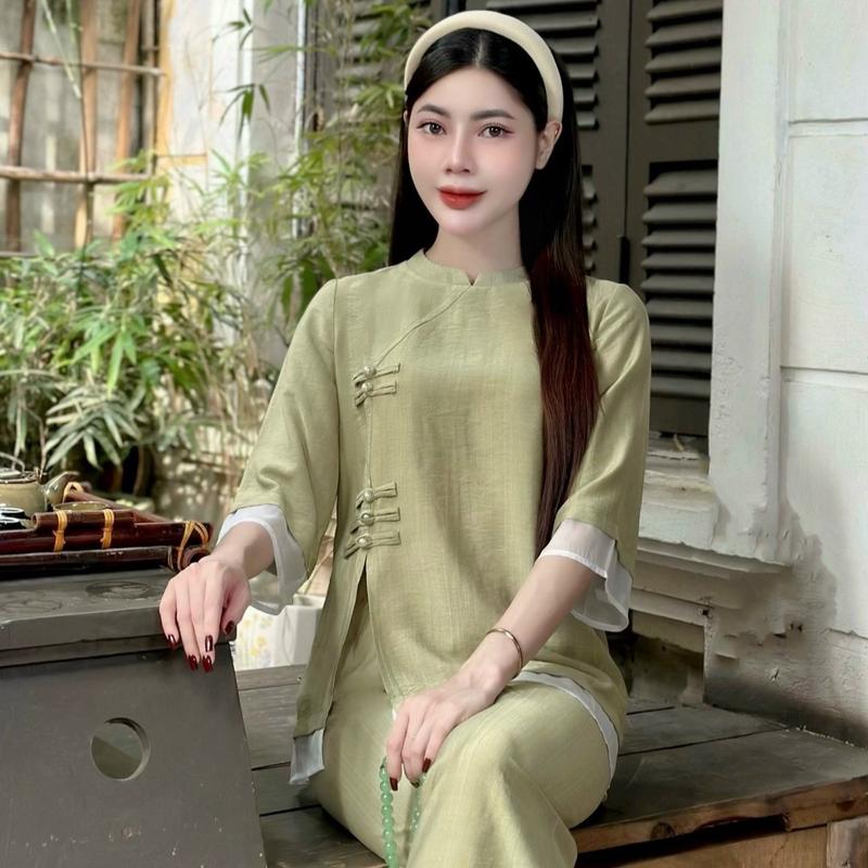 [ Diệu Mai ] Bộ đồ lam trang nghiêm Đũi Lụa 5 màu đi lễ chùa  Women Nữ Voi Jacket 7