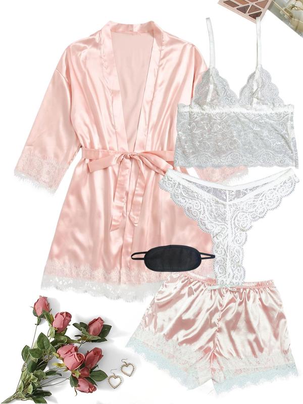 5 Counts Women's Contrast Lace Satin Pyjama Set, Casual Cami Top & Thong & Belted Wrap Lounge Robe & Bow Elastic Waist Shorts & Eye Mask Set, Pajama Sets Women, Lounge Sets, Women's Loungewear Set, Bedroom Pajamas for Married Women, Nightwear 4