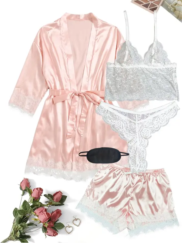 5 Counts Women's Contrast Lace Satin Pyjama Set, Casual Cami Top & Thong & Belted Wrap Lounge Robe & Bow Elastic Waist Shorts & Eye Mask Set, Pajama Sets Women, Lounge Sets, Women's Loungewear Set, Bedroom Pajamas for Married Women, Nightwear 4