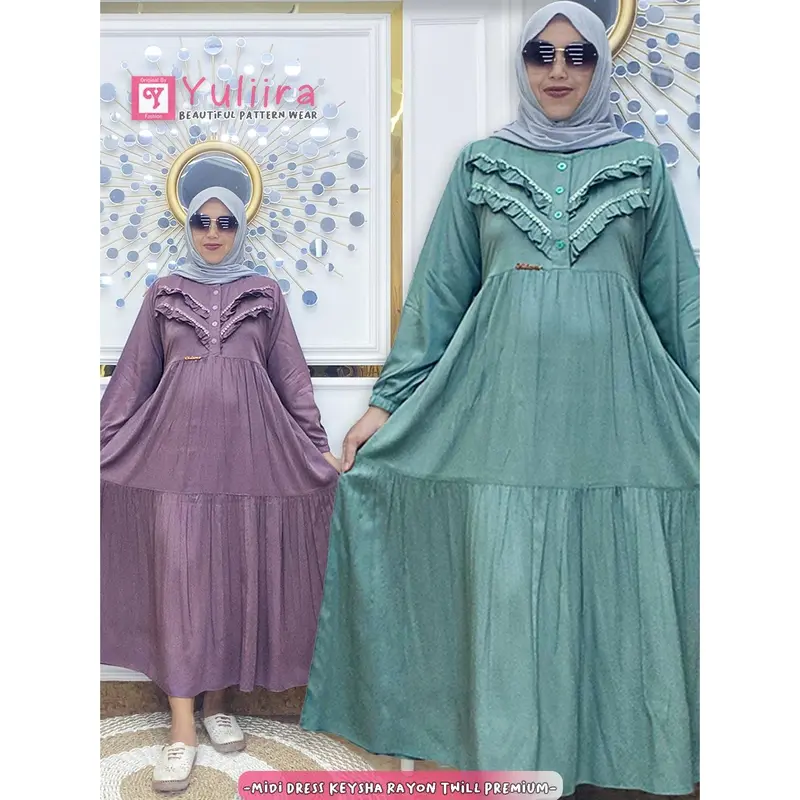 Midi Dress KEYSHA Rayon Twill Cantik Premium Tebal Uniqlo | YULIIRA Kancing Busui Gamis Cantik MidiDress Muslim Pekalongan Nyaman 0