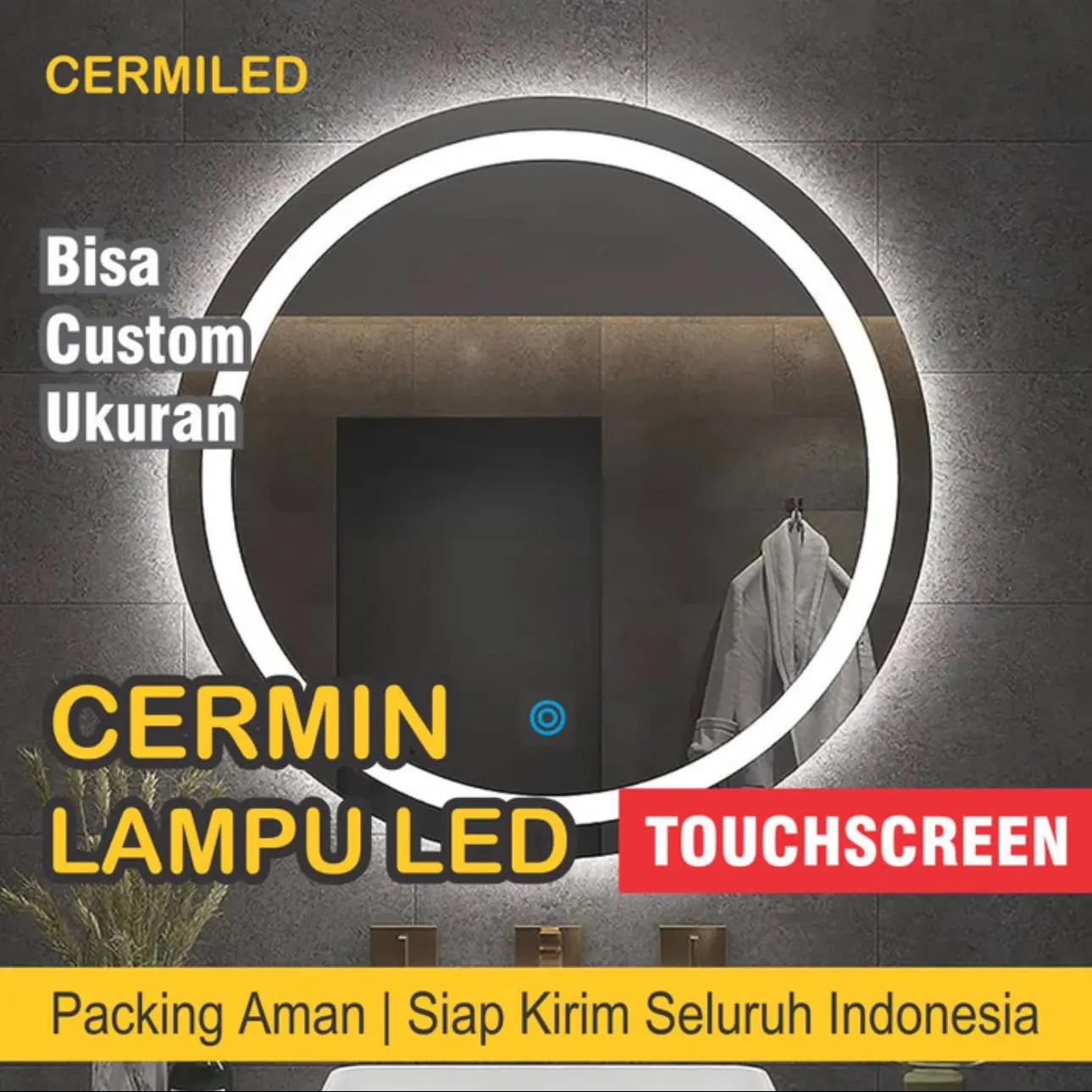 Vanity Mirror Kaca Square Cermin Bulat Lampu LED Touchscreen Diameter 60 cm