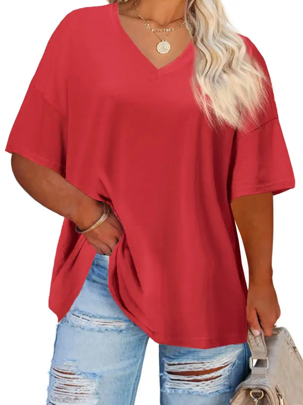 【Plus Size】 Plain V Neck Drop Shoulder Half Sleeve Tee, T Shirts for Women, Summer Tees, Summer Vacation Tops, Hide Tummy, Casual Basic T-shirt, Women's Clothing for Daily Wear, Back To School, T Shirts for Women, White Tshirt Women, Tops for Women 5