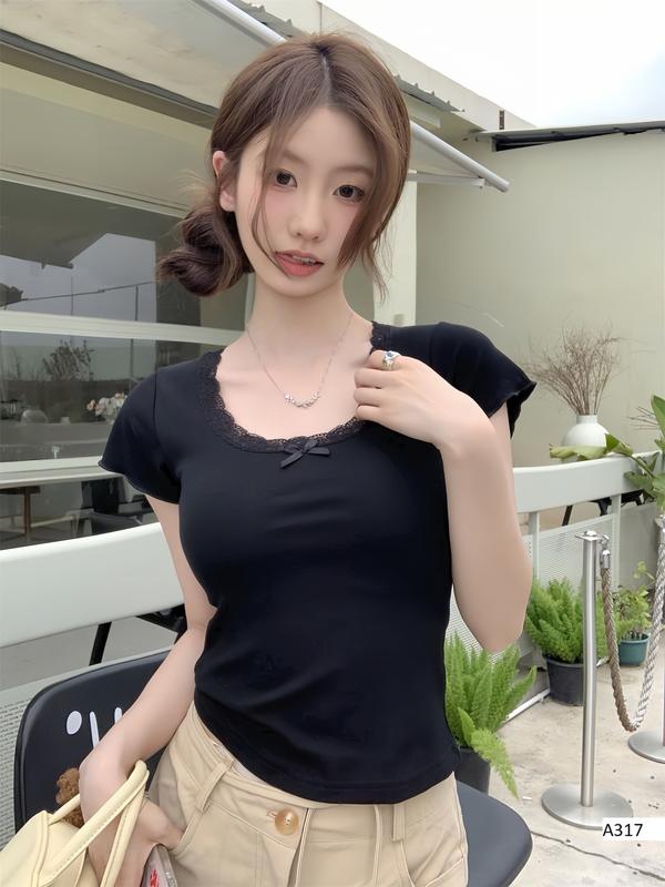 Áo thun cổ tròn viền ren đính nơ xinh xắn Yến Tee Shop dáng ôm body dành cho nữ 1097 áo  ống  nữ  ôm  body 3