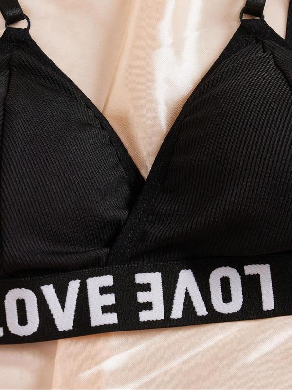 Women's Letter Tape Ribbed Underwear Set, Casual Comfy Breathable Wireless Push Up Triangle Bra & Knicker Set, Lingerie Set for Women 2