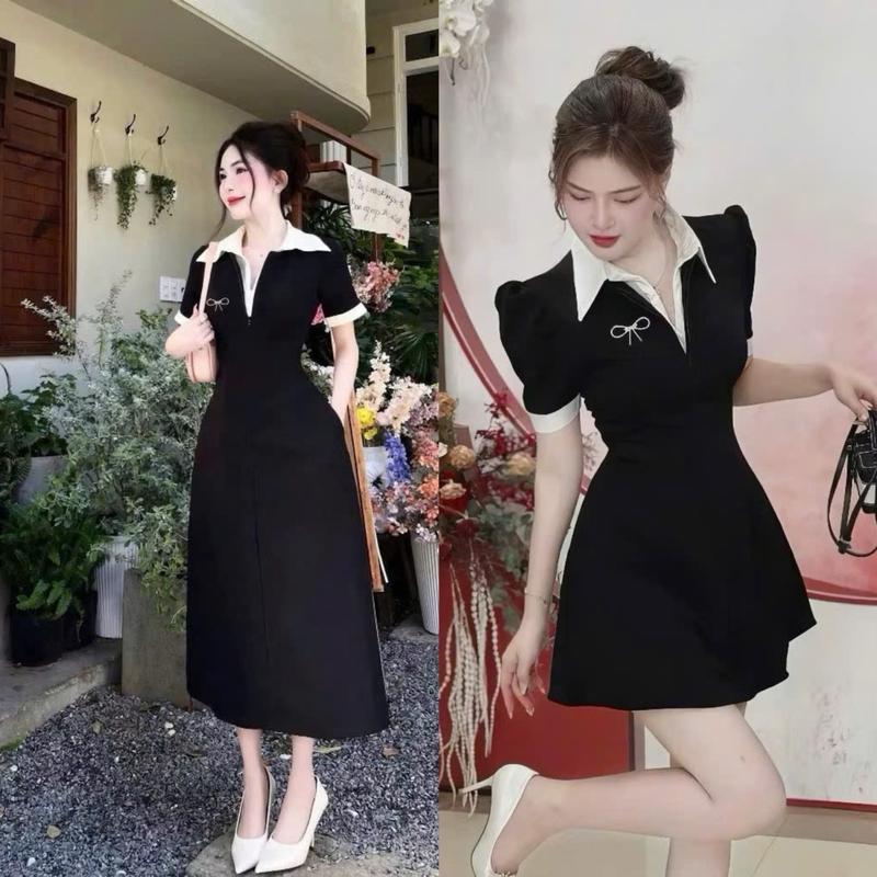 Mèo Mỡ Bigsize — Đầm thiết kế dáng ngắn & dáng dài sơmi thanh lịch cổ viền trắng tag đính đá tay ngắn bigsize 60-90kg Dress Women Đen Nữ