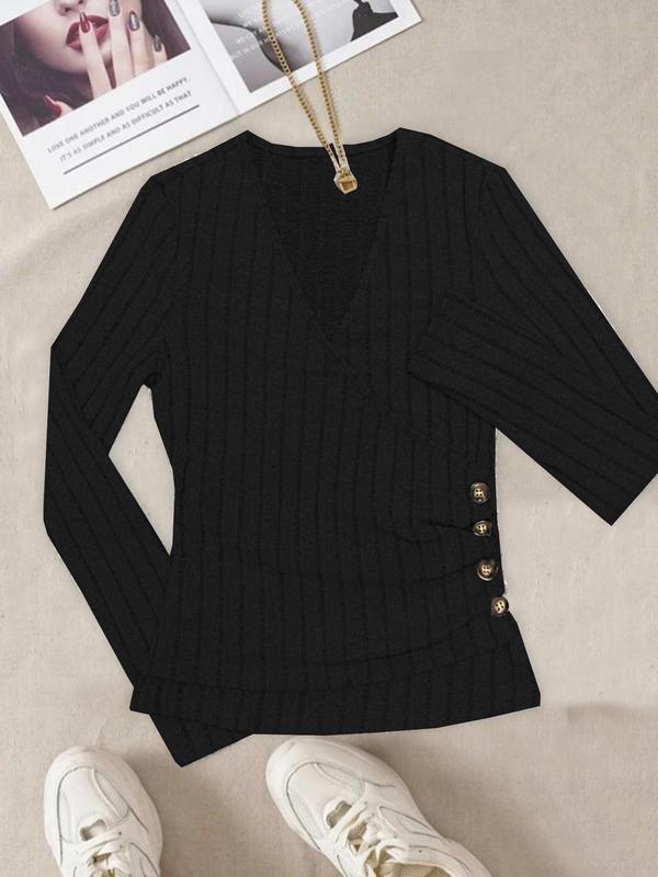 Women's Plain Textured Fake Buttons Wrapped Ruched V Neck Tee Without Necklace, Elegant Casual Long Sleeve T-Shirt, Ladies Fall & Winter Top 5