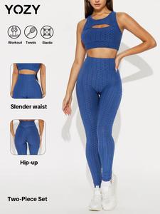 YOZY-GOOO Women's Solid Textured Cut Out Crop Tank Top & High Waist Leggings Two-piece Set, Casual Fashion Cozy Breathable Two Piece Outfits for Daily Outdoor Wear, Ladies Clothes for All Seasons