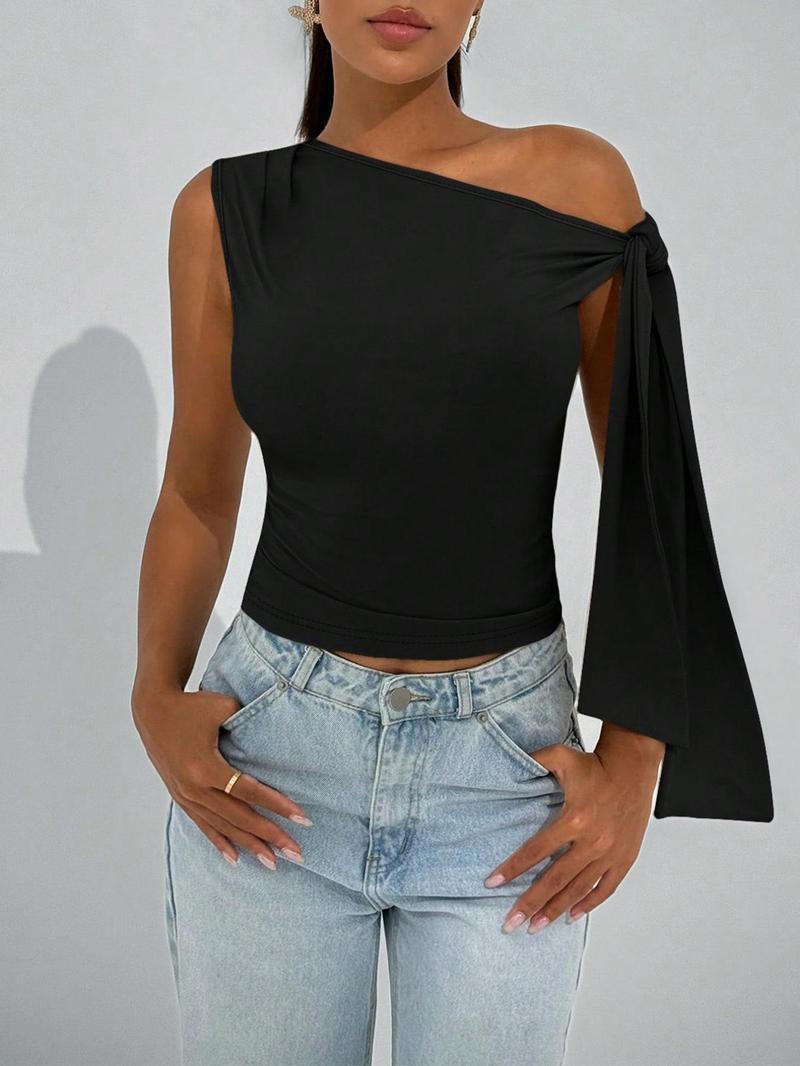 Product Introduction of Women's Solid Color Asymmetrical Neck Ruched Crop Top, Casual Sleeveless Top for Summer, Ladies Clothes for Daily Wear 3