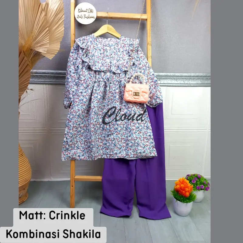 Setelan Anak perempuan motif bunga bahan crinkle airflo kombinasi Shakila usia 7-12 Tahun Oneset Kiyowo 3