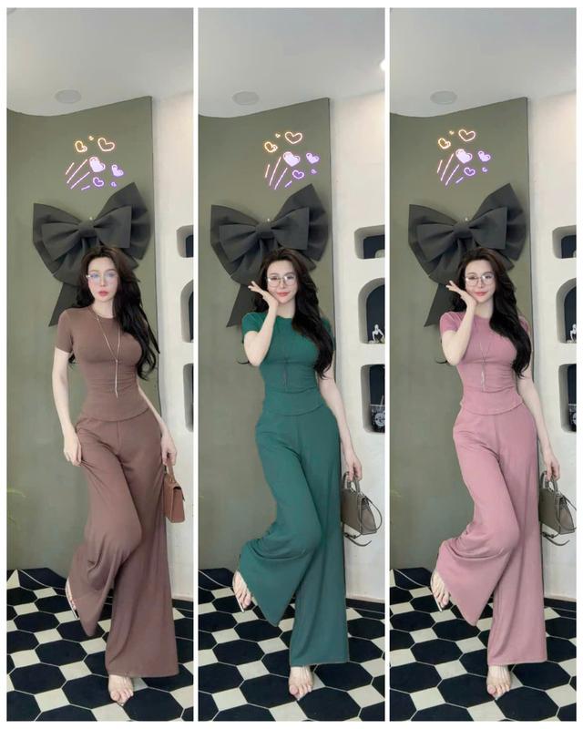Set Đồ Nữ Quần Dài Ống Rộng Tôn Dáng, Đồ Bộ Thun Gân Áo Vạt Bầu Sang Chảnh S35 - Mỹ Sang Store