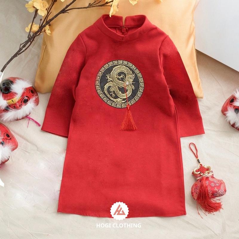 Áo dài bé trai Hogi màu đỏ thêu rồng tròn chất liệu nhung chéo cao cấp áo dài tết đủ size - Hogi clothing