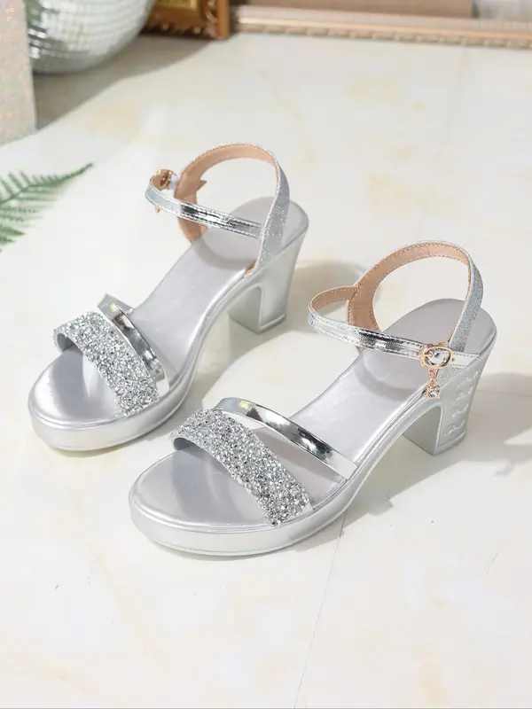 Women's Fashionable Glitter Decorated High Heel Sandals, Elegant Square Toe Sandals for Party, Daily Clothing Decor for Women & Girls 2