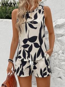 YOZY Two-Piece Set Women's Plants Print Tank Top & Shorts, Casual Round Neck Top & Shorts, Ladies Two-piece for All Seasons, Womenswear
