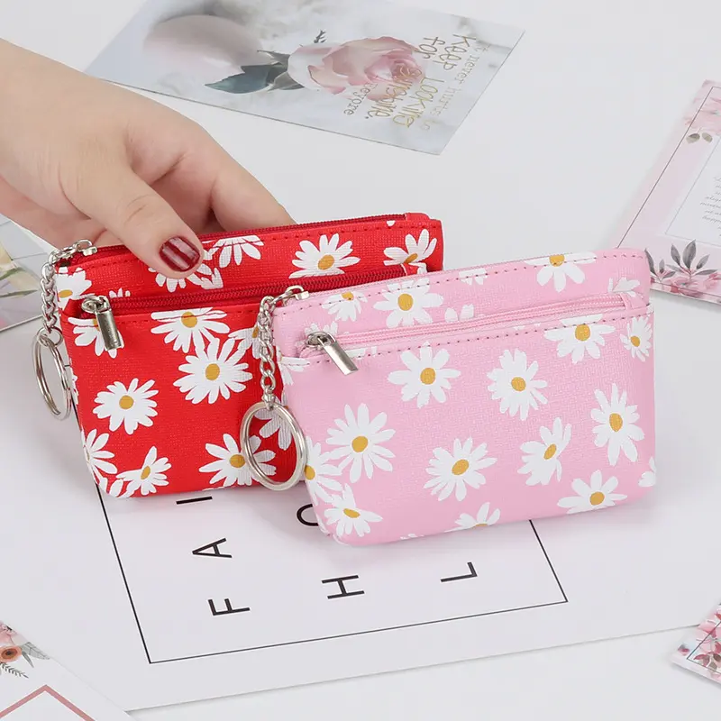 Daisy Print Coin Purse Women Wallets Clutch with Zipper Keychain Small Coin Pouch Bag Female Pouch Key Card Holder