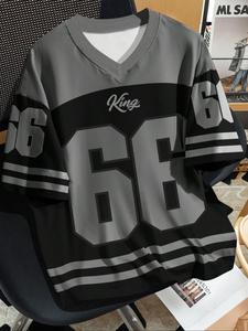 Camiseta Casual para Hombre de Talla Grande con Estampado Digital, Cuello en V, Manga Corta, Top de Verano Elegante de Bloque de Color Tejido, Regalo Perfecto para Novio