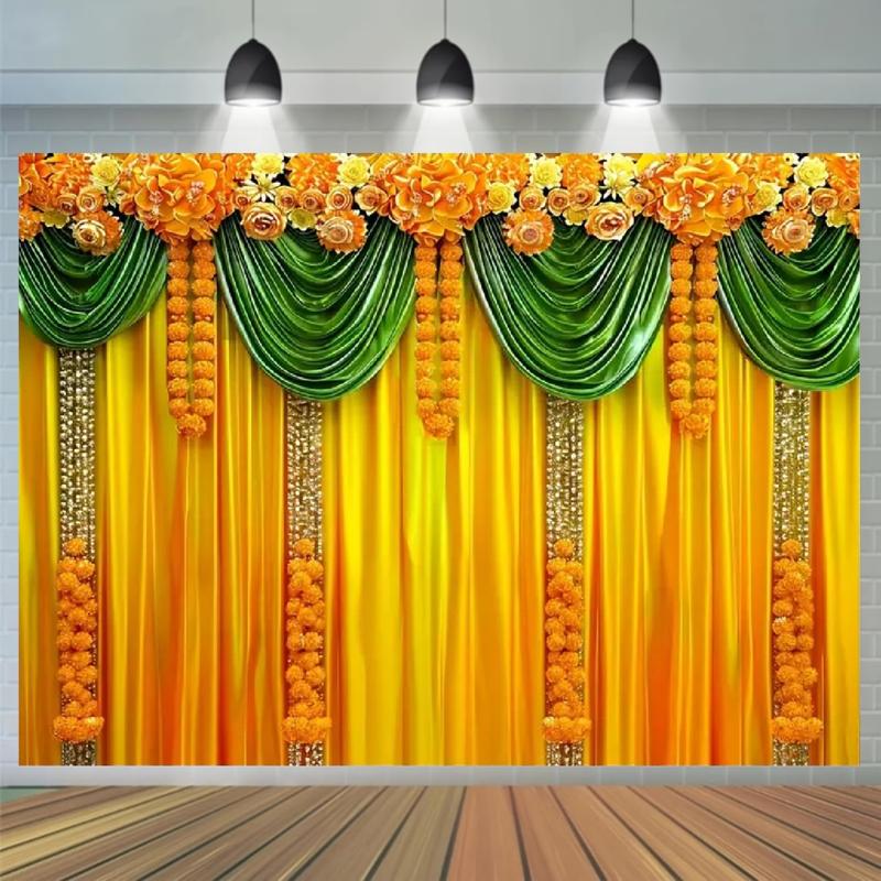 Product Introduction of 1pc Traditional Indian Marigold & Chrysanthemum Vinyl Backdrop - 5x3ft/5x7ft, Yellow & Green Curtain Design - For Hindu Weddings, Parties, Diwali Decorations - Perfect for Festive Celebrations & Events 0