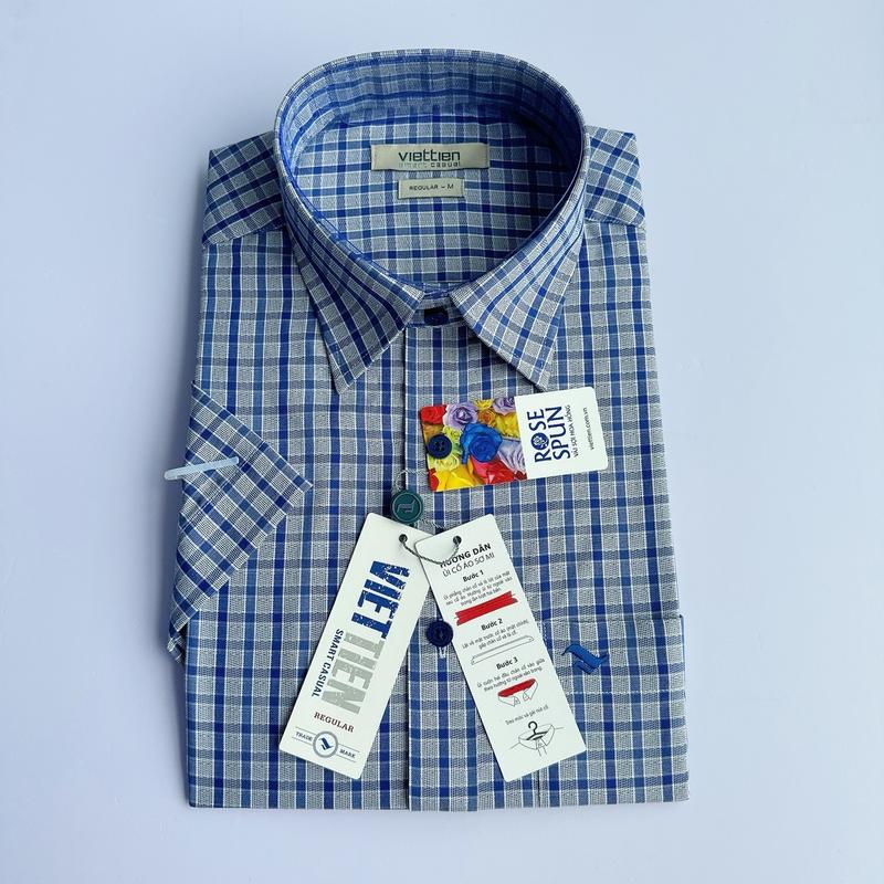 Áo sơ mi nam việt tiến ngắn tay vạt ngang phom regular (0522)vải hoa Hồng