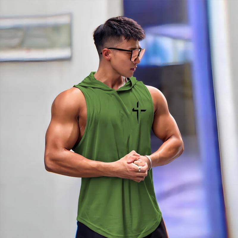 Product Introduction of Men's new hooded vest sports comfort fitness exercise running quick-drying vest print new multi-color 2
