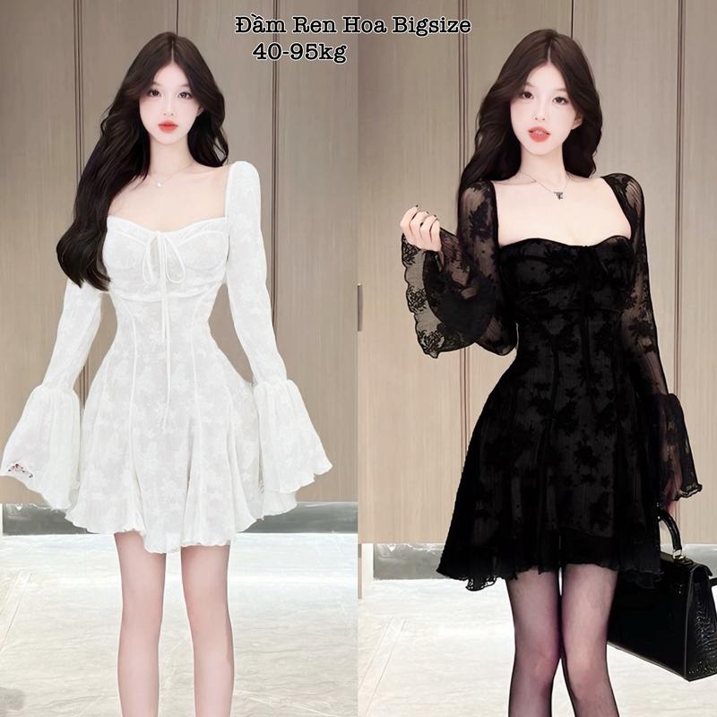  Thời Trang Nữ Bigsize HCM - Đầm Váy Cổ Vuông Tay Dài Vải Ren Hoa Cao Cấp Thiết Kế Đi Dự Tiệc Xinh Đẹp Sang Trọng Dễ Thương Thanh Lịch Giá Rẻ đủ size 40-95kg ennhocobigsize Dress Voan Tay Phồng Áo Cổ sơ Mi Màu Đen Đầm Váy Cách Tân Cotton - 2209 