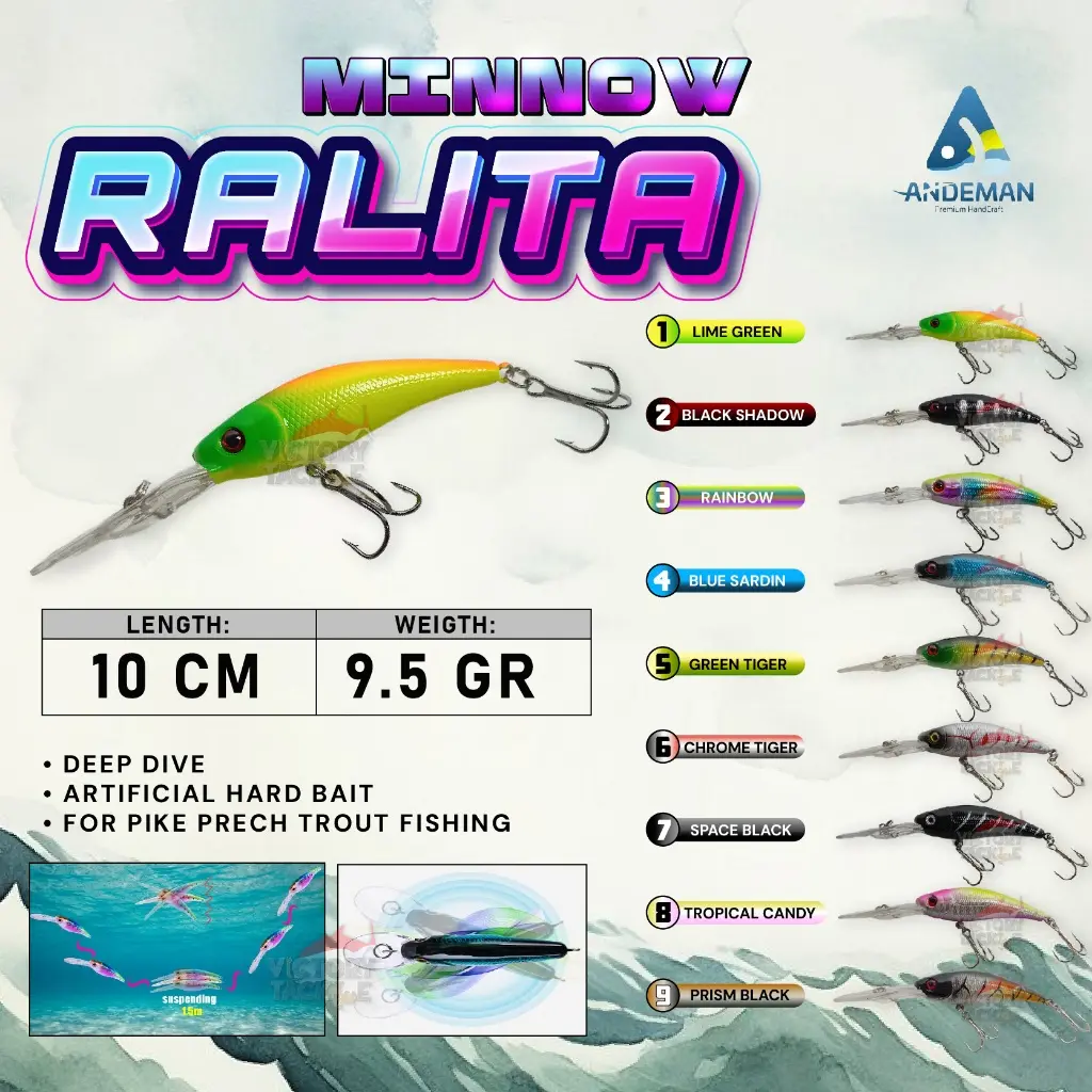 UMPAN PANCING LURE MINNOW ANDEMAN RALITA MINNOW DEEP DIVE SUSPENDING ACTION 10 CM 9.5 GR Ikan