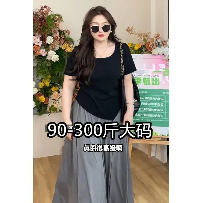 Large size-plus size 300 Ice Silk sweet cool shoulder design short sleeve women's summer plump girls fit fashion all-matching