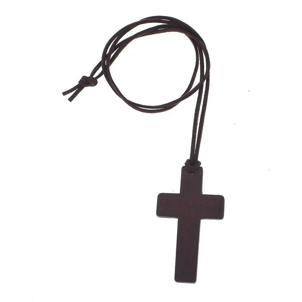 Retro Women Ancient Religious Brown Cord Christian Wooden Sweater Chains Cross Necklace Pendant Jewelry