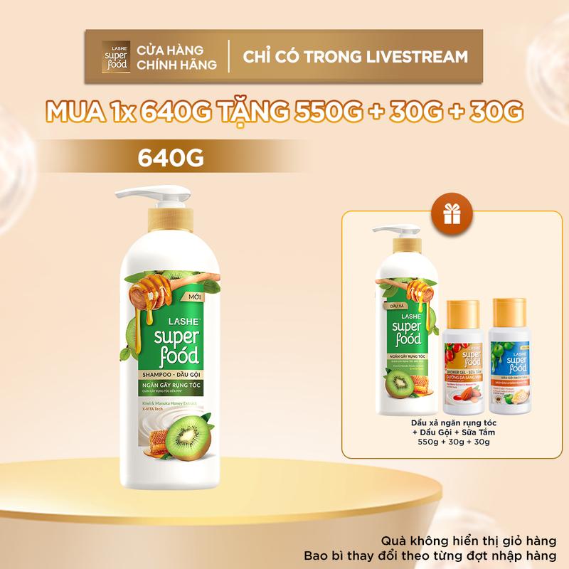 [LIVESTREAM] Combo Dầu Gội LASHE SUPERFOOD Ngăn Gãy Rụng Tóc 640G + Tặng Dầu Xả LASHE SUPERFOOD Ngăn Gãy Rụng Tóc 550G & Dầu Gội LASHE SUPERFOOD Sạch Gàu Giảm Rụng 30G & Sữa Tắm LASHE SUPERFOOD Dưỡng Da Sáng Mịn 30G