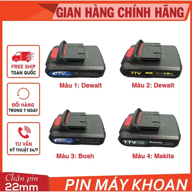 Pin máy khoan 26v, 36v, 21v, 48V, 72V 5 cell CHÂN PIN 22MM - dùng cho máy makita, dewalt 36V 10 ly 0