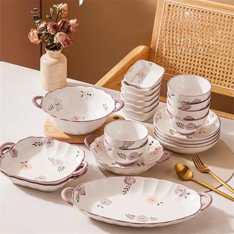 Purple Ceramic Bowl Dish Suit Household Japanese Style New Bowl Dish Fresh Tableware Household Plate and Bowl Chopsticks Sets Suit Cutlery