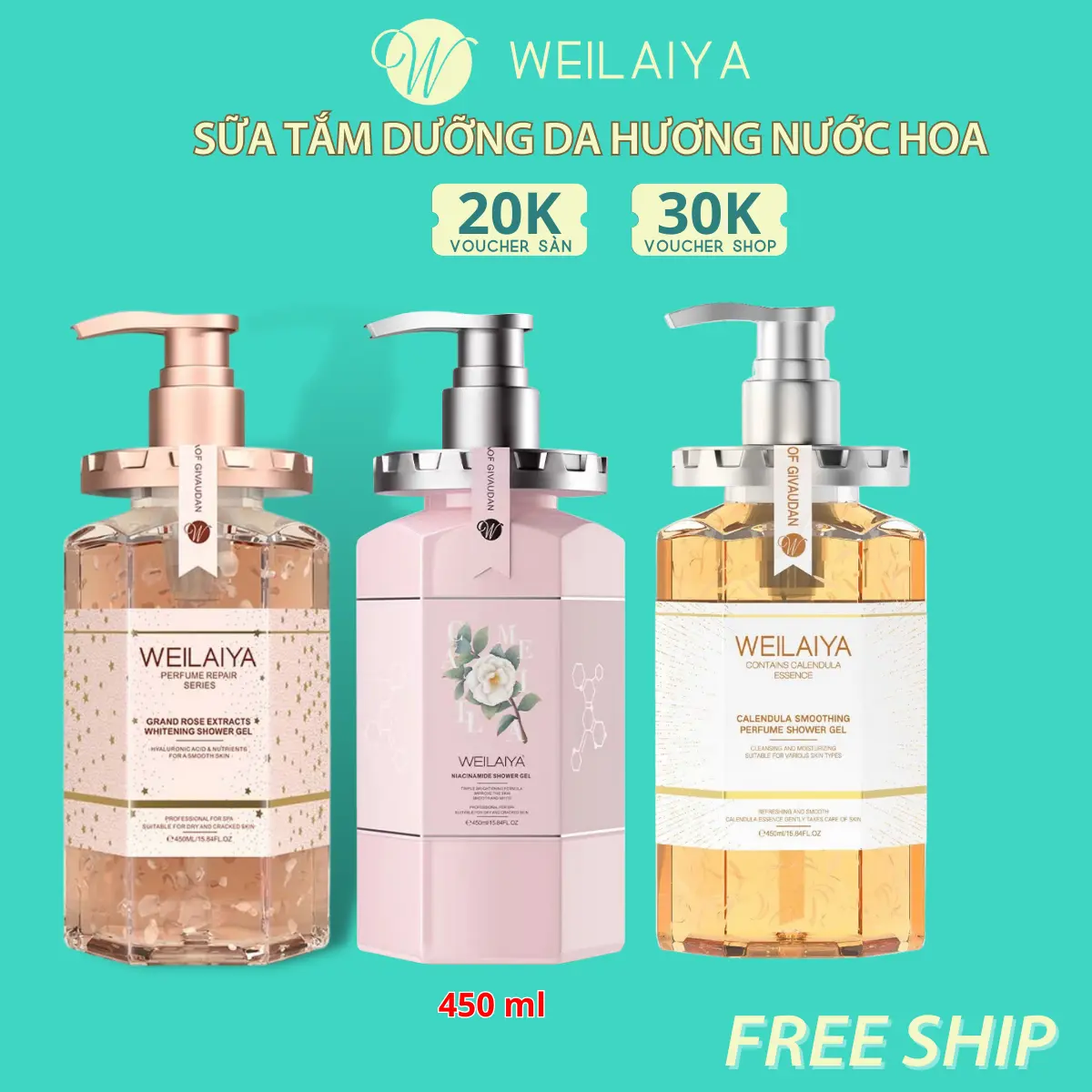 Sữa tắm Dưỡng da body hương nước hoa Weilaiya, 450ml