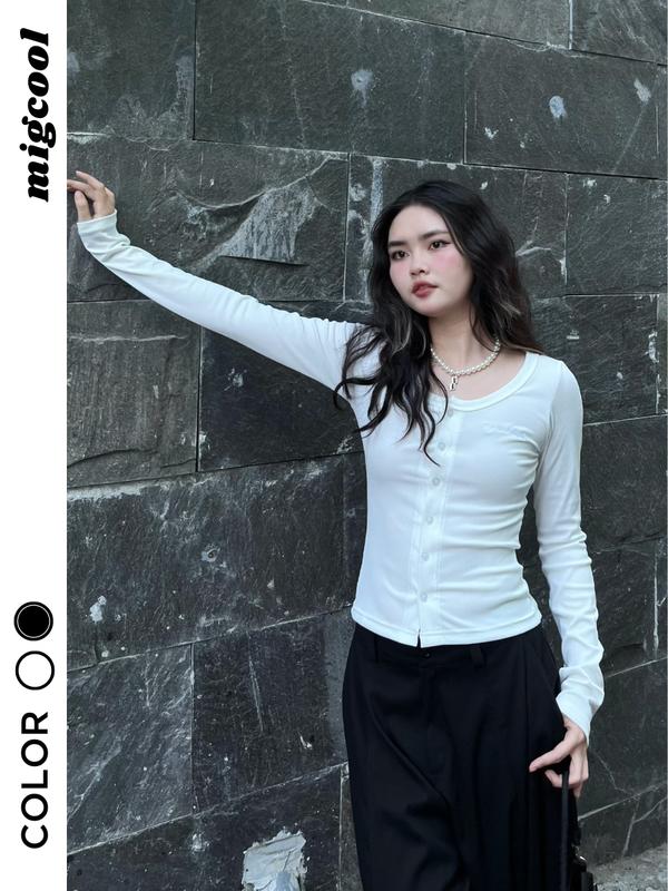 Áo thun nữ dài tay Long Top, áo thun dài tay ôm body trơn họa tiết thêu Migcool