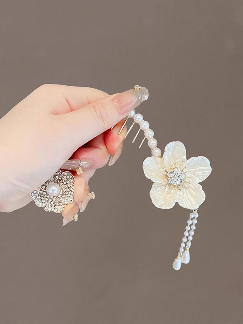 Product Introduction of Women's Elegant Rhinestone & Faux Pearl Decor Hair Clip As Gift, Trendy Exquisite Flower & Tassel Design Hair Clip, Chic All-match Shiny Hair Accessories for Hairstyle Decor 16