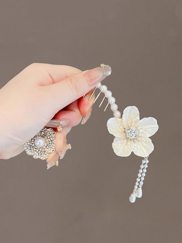 Women's Elegant Rhinestone & Faux Pearl Decor Hair Clip As Gift, Trendy Exquisite Flower & Tassel Design Hair Clip, Chic All-match Shiny Hair Accessories for Hairstyle Decor 4