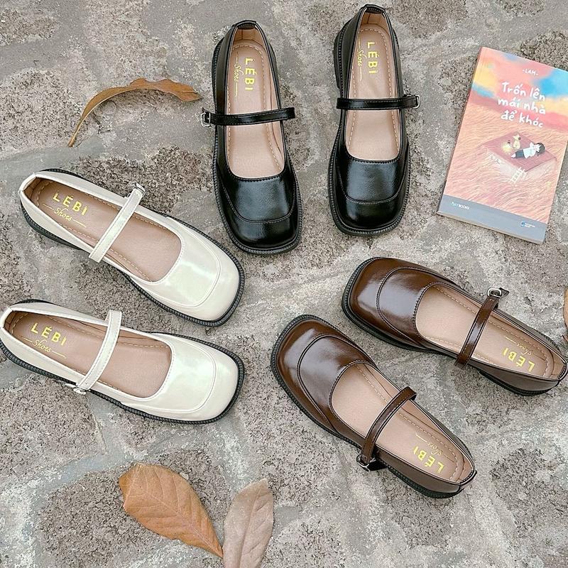 Form rộng Giày búp bê mũi vuông basic phong cách nữ sinh Hàn Quốc Nữ