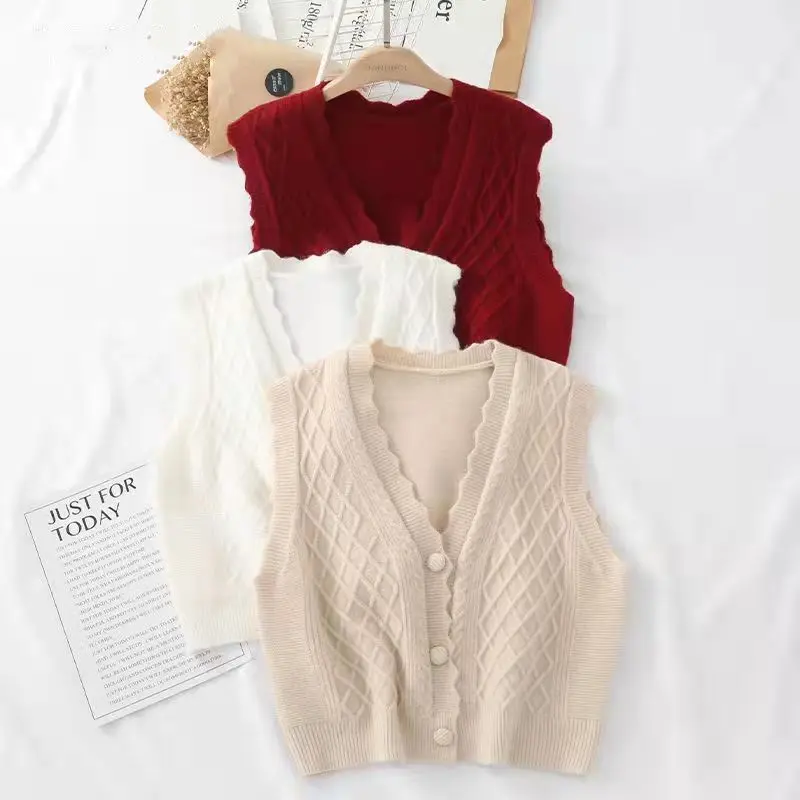 Áo Vest Dệt Kim, Hàng Mới Về Mùa Thu Của Phụ Nữ, Dáng Rộng Vừa Vặn, Phong Cách Phương Tây, Áo Len, Không Tay, Áo Ghi Lê, Áo Vest Cardigan Cổ Chữ V, Thích Hợp Cho Áo Khoác Cơ Sở 7