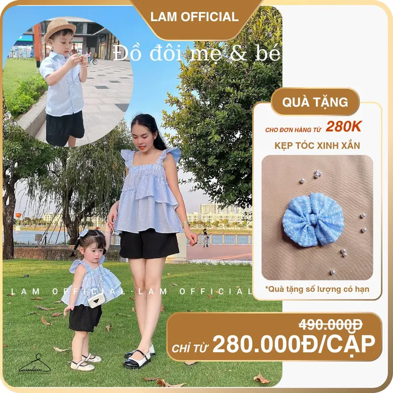 [MẸ/BÉ TRAI GÁI] Đồ đôi mẹ bé trai gái áo caro xanh nhí mix sort đen cho mẹ bé đi chơi 0