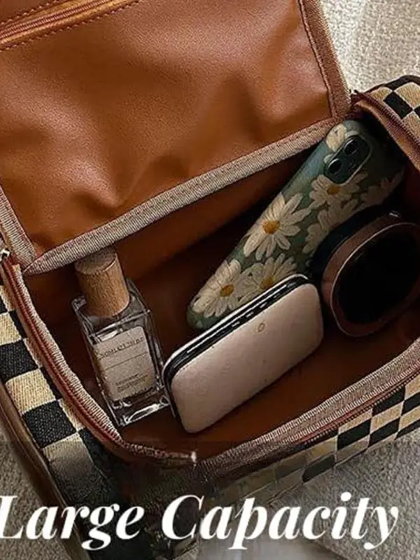 Women's Fashionable Plaid Pattern Handbag, Large Capacity Cosmetic Bag, Portable Toiletry Bag, Casual Trendy Versatile High-quality Daily Commuting Bag 7
