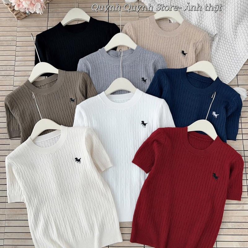 Áo Cổ Tròn Đan Thừng Cộc Tay,Hoạ Tiết Thêu Ngựa Hàng QC Nhiều Màu,Chất Len Motogi Nhẹ Nhàng Nữ 113