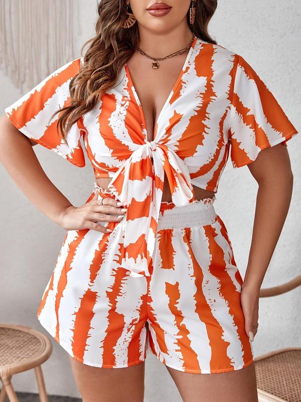 【Plus Size】Two-Piece Set Striped Print Knot Front Blouse & Paper Bag Waist Shorts Set, Casual Relaxed Short Sleeve Top & High Waist Shorts for Daily Wear, Women's Outfits for All Seasons 2