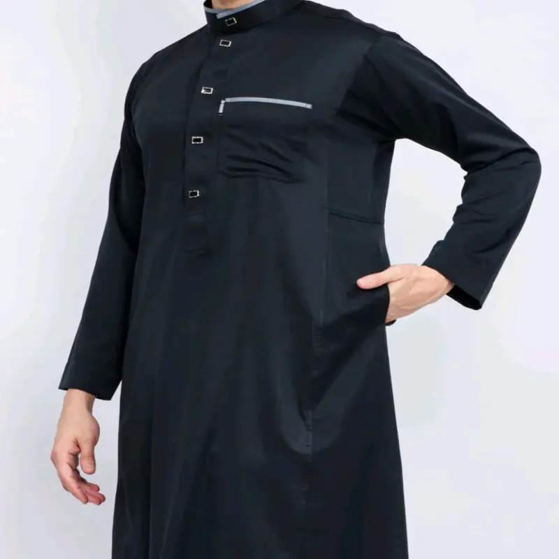 Gamis Pria dewasa pakaian Muslim laki-laki gamis lengan Panjang g  Kancing snap import Jubah Hitam 2