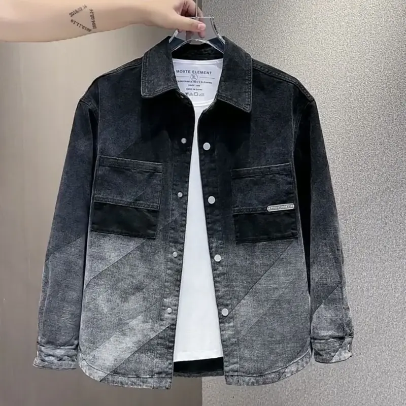 Áo Khoác Denim, Màu Gradient Hàng Mới Về, Dành Cho Nam Giới, Dễ Phối Đồ, Chất Liệu Pu Shuai, Dáng Ôm, Thích Hợp Cho Mùa Thu, Áo Khoác, Phong Cách Hợp Xu hướng Thường Ngày Áo Sơ Mi Có Ve Áo Thương Hiệu 0