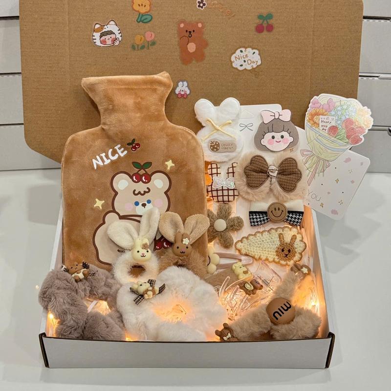 Hộp quà tặng bạn gái túi chườm bụng nóng lạnh ngày dâu phiên bản gấu nâu 500ml tặng kèm túi+hộp+thiệp+đèn