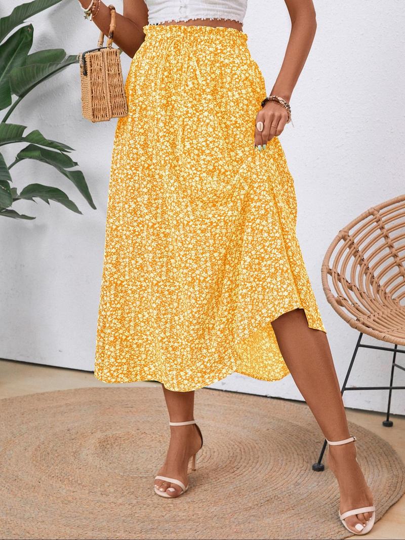 Product Introduction of Women's Plain/Ditsy Floral Print Skirt, Elegant Drawstring Waist Skirt for Holiday Vacation Daily Wear, Ladies Summer Clothes 6