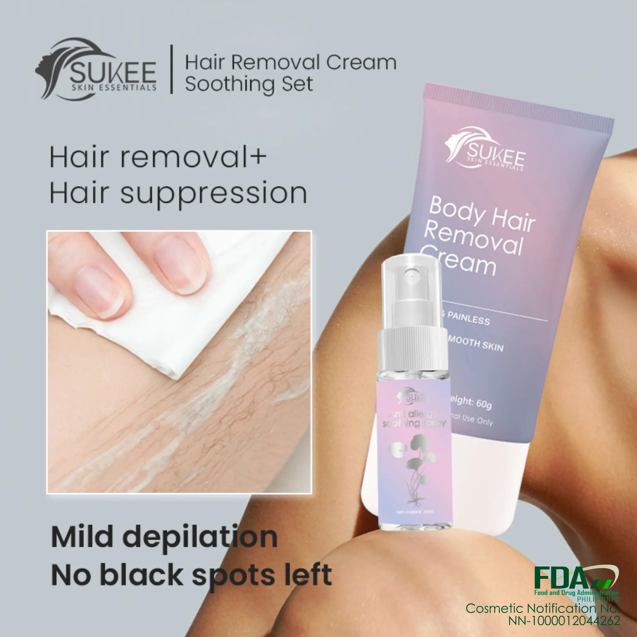 SUKEE Hair Removal Cream 60g with Anti-allergy Soothing Spray 20ml Body Care Cosmetic Wax Gentle Comfort Moisturizing Niacinamide Moisturizer anti-bacterial naturally derived hair removal hyaluronic acid