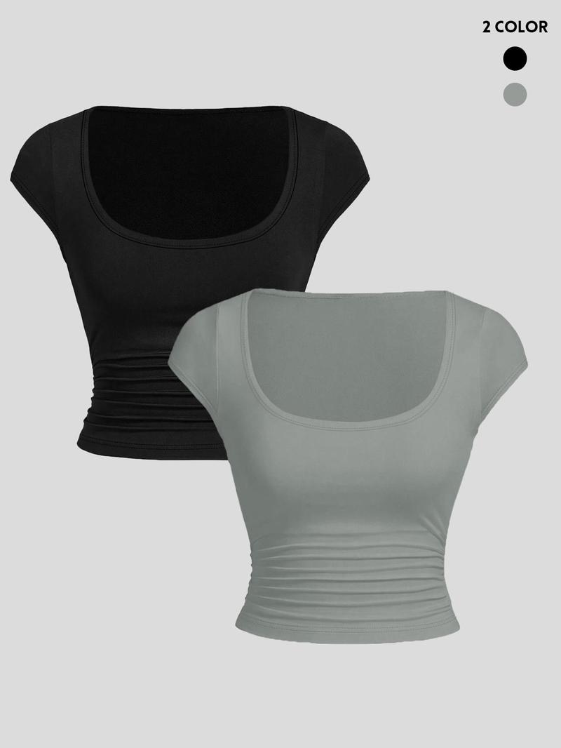 Product Introduction of Women's  Solid Ruched Scoop Neck Crop Tee, Casual Cap Sleeve T-shirt for Summer, Ladies Clothes for Daily Wear 1
