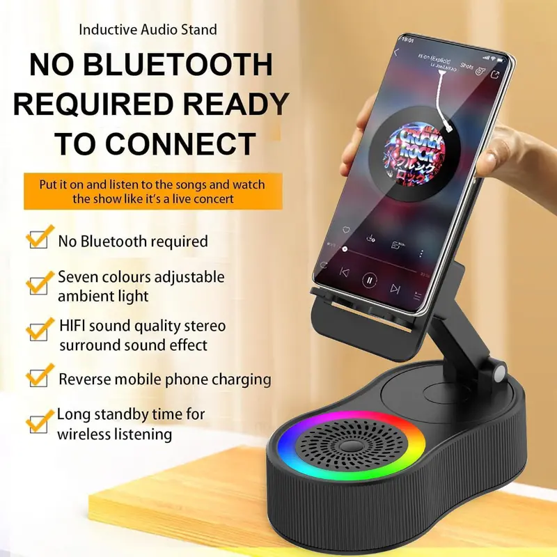 Wireless Induction Audio Bluetooth Speaker, 5in1 Phone Holder, Emergency Rechargeable (4000mAh) with Colorful Ambient Light Foldable for Tablet iPhone Android, Gifts for Men Women, White, Smartphone 2
