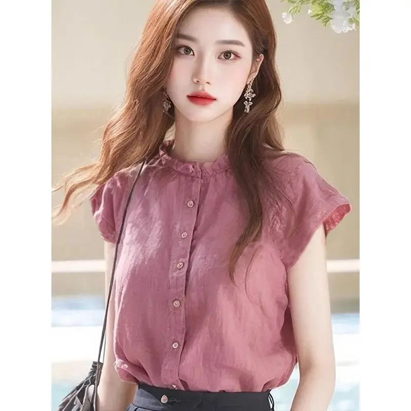 Áo Sơ Mi Vải Lanh, Xếp Nhún, Cổ Đứng, Tay Áo Rung Nhỏ Dành Cho Nữ, Độc Đáo Và Đẹp Mắt, Thích Hợp Cho Mùa Hè, Với Thiết Kế Cảm Giác, Phong Cách HK